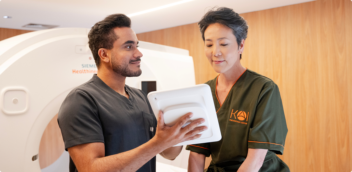 Woman looking at tablet with body holography